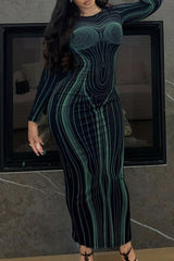 Green Elegant Print Patchwork Backless O Neck Printed Dress Dresses