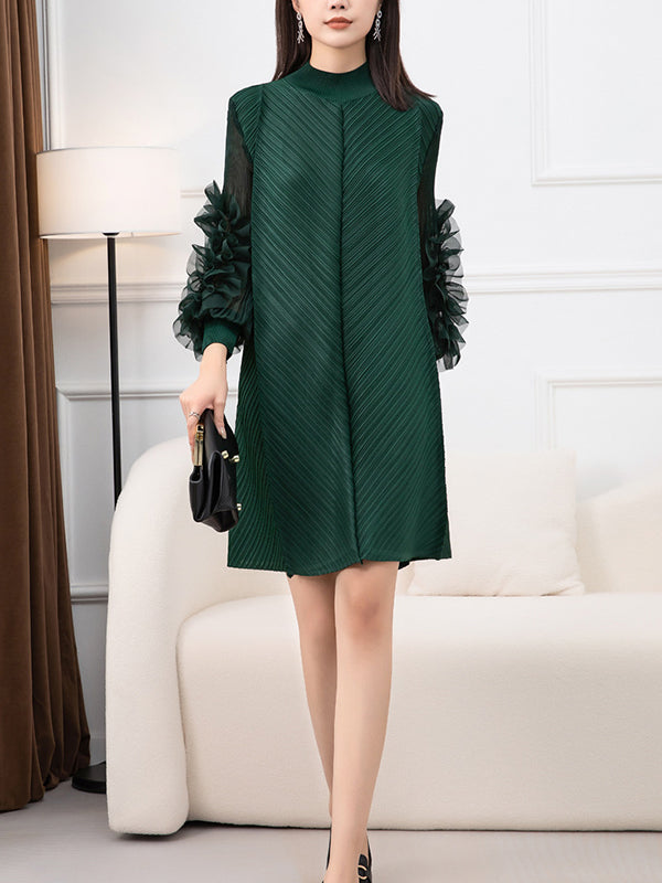 Long Sleeves Loose Embroidered Pleated Solid Color Round-Neck Midi Dresses