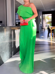 Loose Asymmetric Plain Pleated One-Shoulder Maxi Dresses