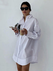 Leisure Fashion Loose Long Sleeves Solid Color Lapel Collar Shirt Dresses