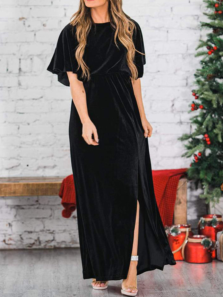Fashion Velvet Round Neck High Slit Maxi Dresses