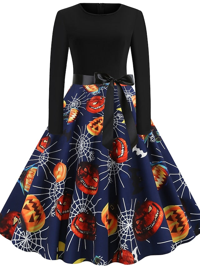 Women's Halloween Dress A Line Dress Knee Length Dress Black Blue Wine Long Sleeve Pumpkin Spider Print Pumpkin Bow Print Fall Winter Crew Neck Hot Vintage Slim 2023 S M L XL XXL