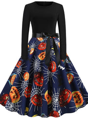 Women's Halloween Dress A Line Dress Knee Length Dress Black Blue Wine Long Sleeve Pumpkin Spider Print Pumpkin Bow Print Fall Winter Crew Neck Hot Vintage Slim 2023 S M L XL XXL