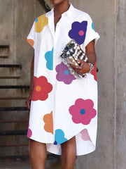 Loose Short Sleeves Buttoned Floral Printed Lapel Collar Midi Dresses