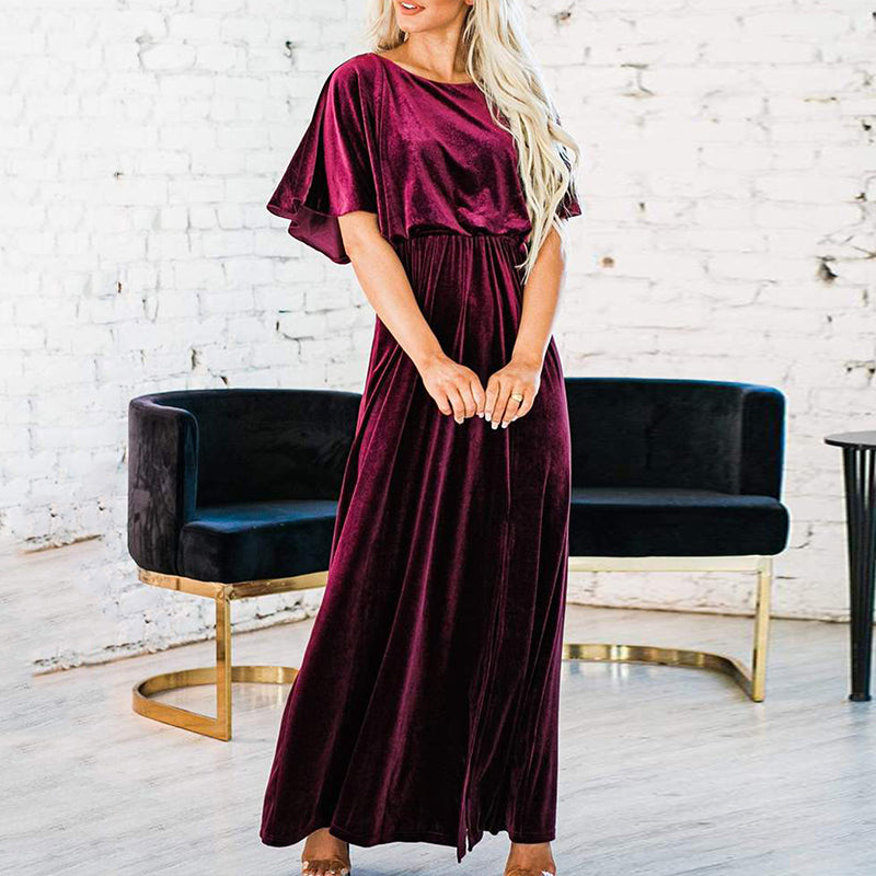 Fashion Velvet Round Neck High Slit Maxi Dresses