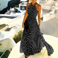Fashion Sexy Halter Print Pleated Long Dress Women Sweet O Neck Beach Maxi Dress