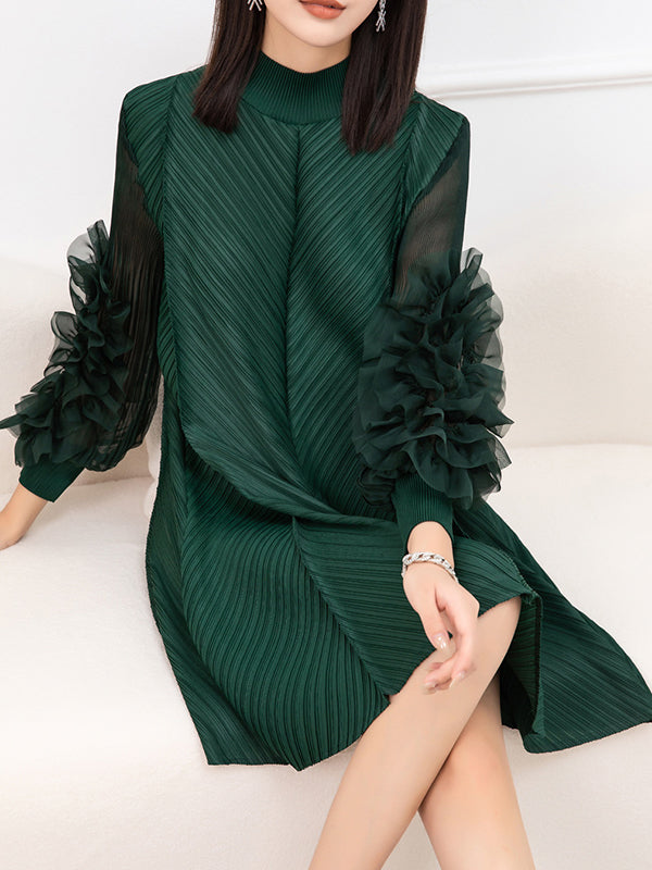 Long Sleeves Loose Embroidered Pleated Solid Color Round-Neck Midi Dresses