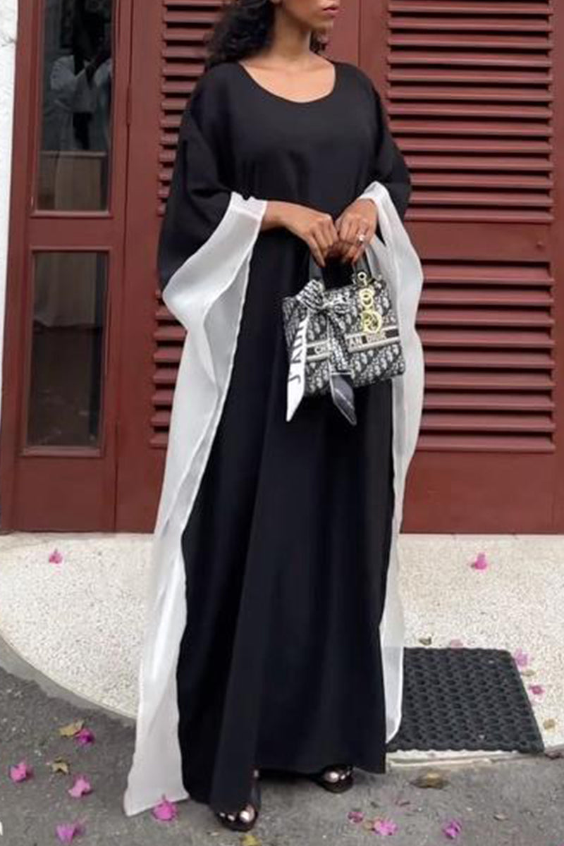 Black Casual Elegant Vacation Patchwork Patchwork Mesh O Neck Long Dress Dresses