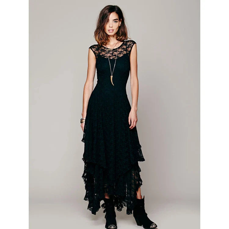 Hot Irregular Lace Skirt Sexy Long Dress Black Dresses