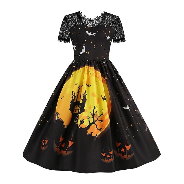 Women's Halloween Dress Retro 1950s Vintage Dress Midi Dress Holiday Lace Patchwork Graphic V Neck Short Sleeve Regular Fit Spring Fall 2023 Black Blue S M L XL