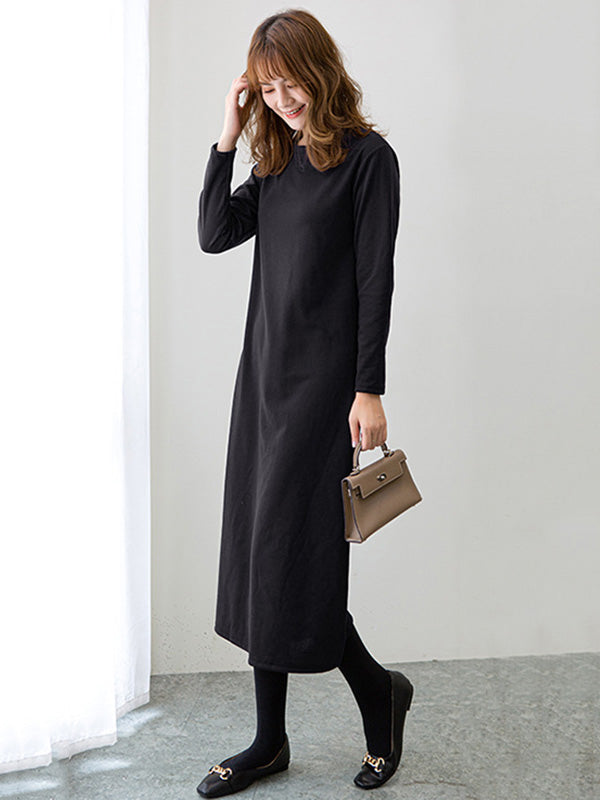 Simple Solid Color Round-Neck A-Line Midi Dress