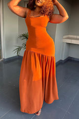 Orange Casual Daily Plain Fold Spaghetti Strap Sleeveless Dress Dresses