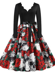Women's Halloween Dress Swing Dress Knee Length Dress White Black Gray Pink Yellow Red Long Sleeve Floral Skull Skeleton Ruched Print Fall Winter V Neck Casual Vintage 2023 S M L XL XXL 3XL