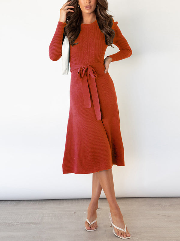 High Waisted Long Sleeves Solid Color Tied Waist Round-Neck Midi Dresses Sweater Dresses