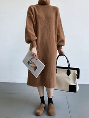 Urban Loose Puff Sleeves Solid Color High-Neck Sweater Dresses