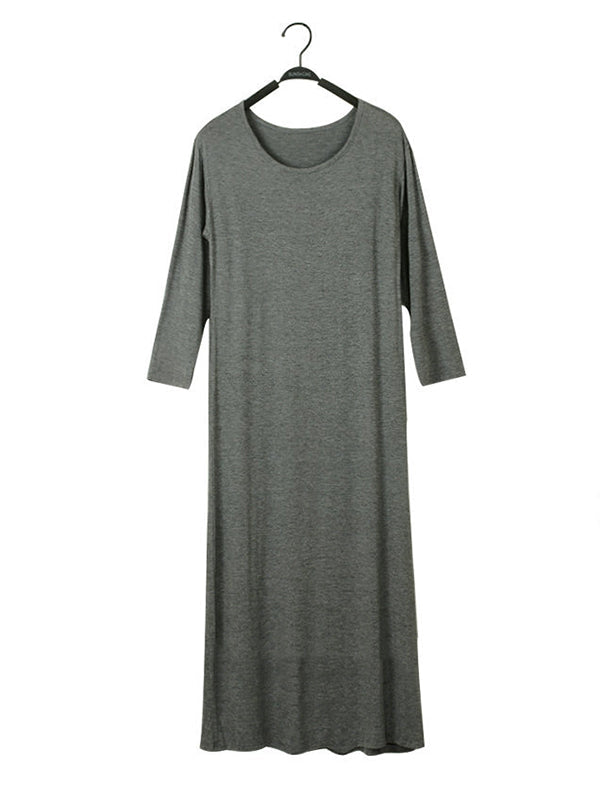 Simple Modal Solid Color Round-Neck Long Sleeves Midi Dress