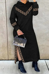 Black Casual Print Patchwork Slit Hooded Collar Long Sleeve Dresses