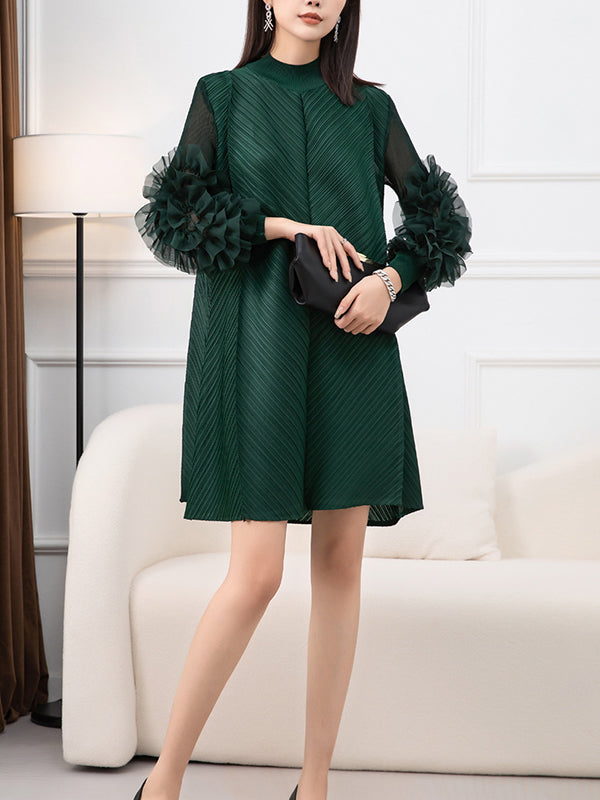 Long Sleeves Loose Embroidered Pleated Solid Color Round-Neck Midi Dresses