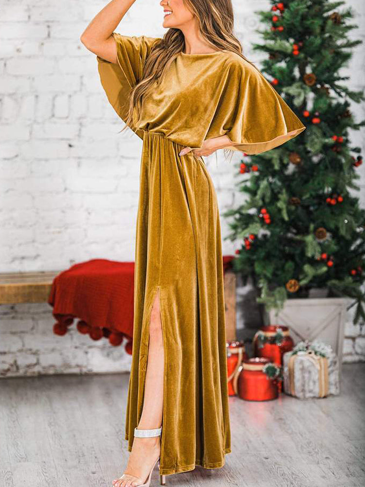 Fashion Velvet Round Neck High Slit Maxi Dresses