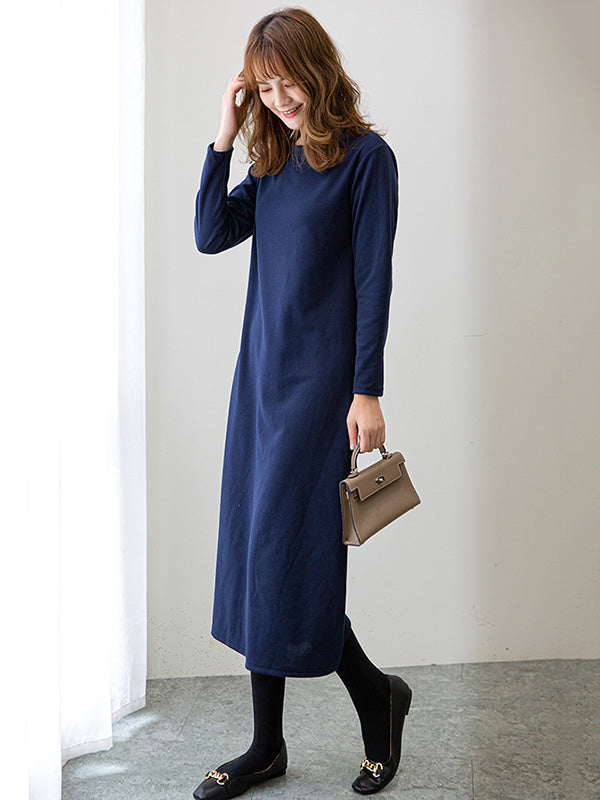 Simple Solid Color Round-Neck A-Line Midi Dress