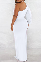 White Sexy Formal Solid Backless Slit Oblique Collar Long Sleeve Dresses