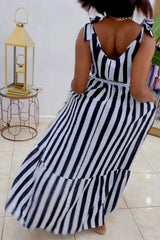Black Casual Sweet Daily Simplicity Striped Patchwork With Belt Contrast Spaghetti Strap Dresses