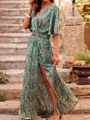 Printed V-Neck Slit Maxi Dress