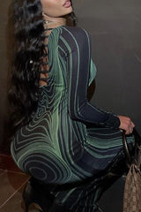Green Elegant Print Patchwork Backless O Neck Printed Dress Dresses