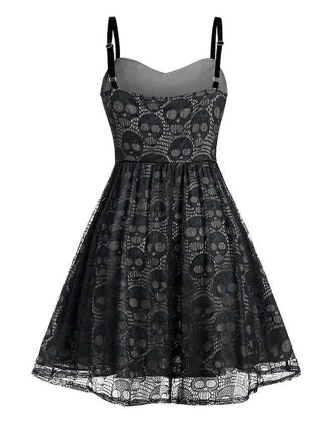 Women's Halloween Dress Vintage Retro Vintage Dress Midi Dress Outdoor Lace Drawstring Skull Spaghetti Strap Sleeveless Regular Fit Summer Spring 2023 Black Grey Black and Blue S M L XL