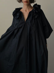 Loose Puff Sleeves Pleated Solid Color Split-Joint Tiered V-Neck Midi Dresses