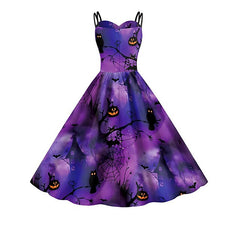 Women's Halloween Dress Retro 1950s Vintage Dress Midi Dress Holiday Backless Print Pumpkin Spaghetti Strap Sleeveless Regular Fit Spring Fall 2023 Deep Purple Purple S M L XL