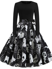 Women's Halloween Dress Swing Dress Black Dark Grey Orange Long Sleeve Pumpkin Bow Winter Fall Autumn Crew Neck Winter Dress Fall Dress 2023 S M L XL 2XL