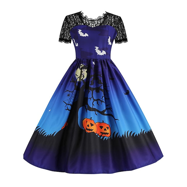 Women's Halloween Dress Retro 1950s Vintage Dress Midi Dress Holiday Lace Patchwork Graphic V Neck Short Sleeve Regular Fit Spring Fall 2023 Black Blue S M L XL