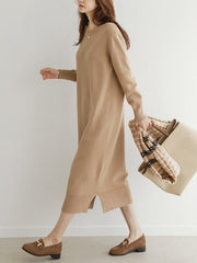 Urban Long Sleeves Loose Split-Side Solid Color Round-Neck Sweater Dresses