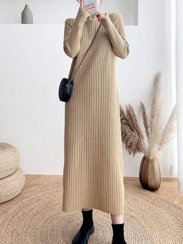 Urban Long Sleeves Solid Color Round-Neck Sweater Dresses