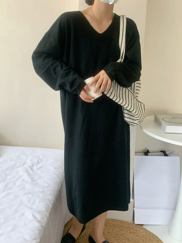 Long Sleeves Loose Solid Color V-Neck Midi Dresses Sweater Dresses