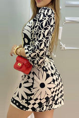 Beige Sexy Street Geometric Printing Square Collar One Step Skirt Dresses