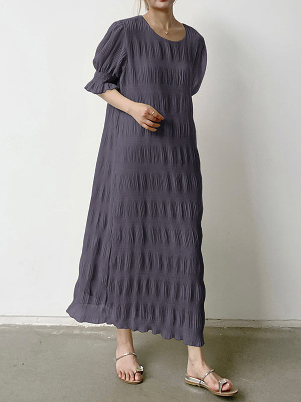 Flared Sleeves Half Sleeves Pleated Solid Color Round-Neck Midi Dresses