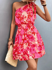A-Line Sleeveless Elasticity Flower Print Split-Joint Tied Tiered One-Shoulder Mini Dresses