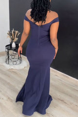 Navy Blue Elegant Formal Plain Solid Color Long Dress Dresses