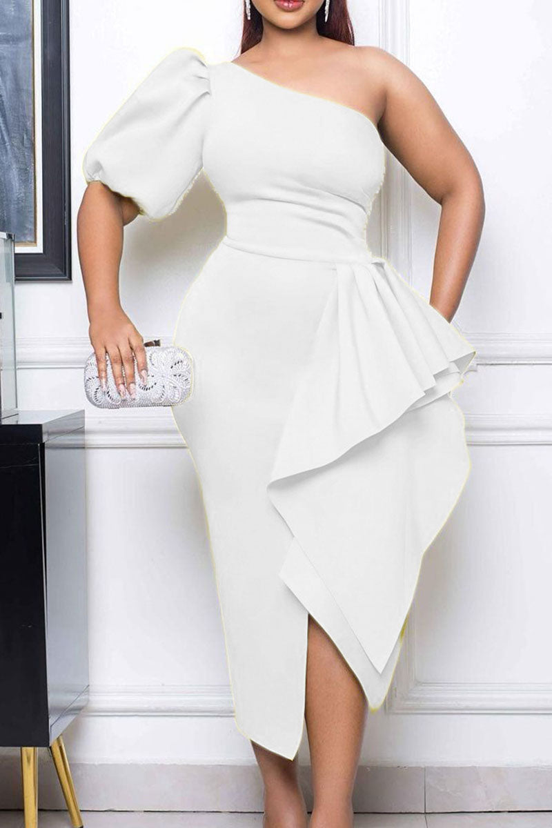 White Elegant Solid Patchwork Flounce Asymmetrical Oblique Collar Evening Dress Dresses