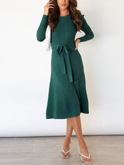 High Waisted Long Sleeves Solid Color Tied Waist Round-Neck Midi Dresses Sweater Dresses