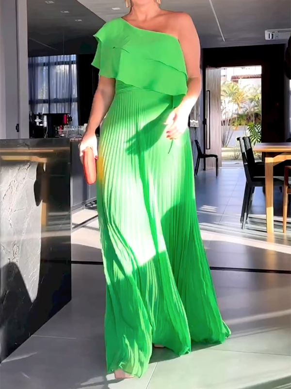 Loose Asymmetric Plain Pleated One-Shoulder Maxi Dresses