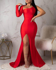 Asymmetrical One Shoulder High Slit Backless Mermaid Dress