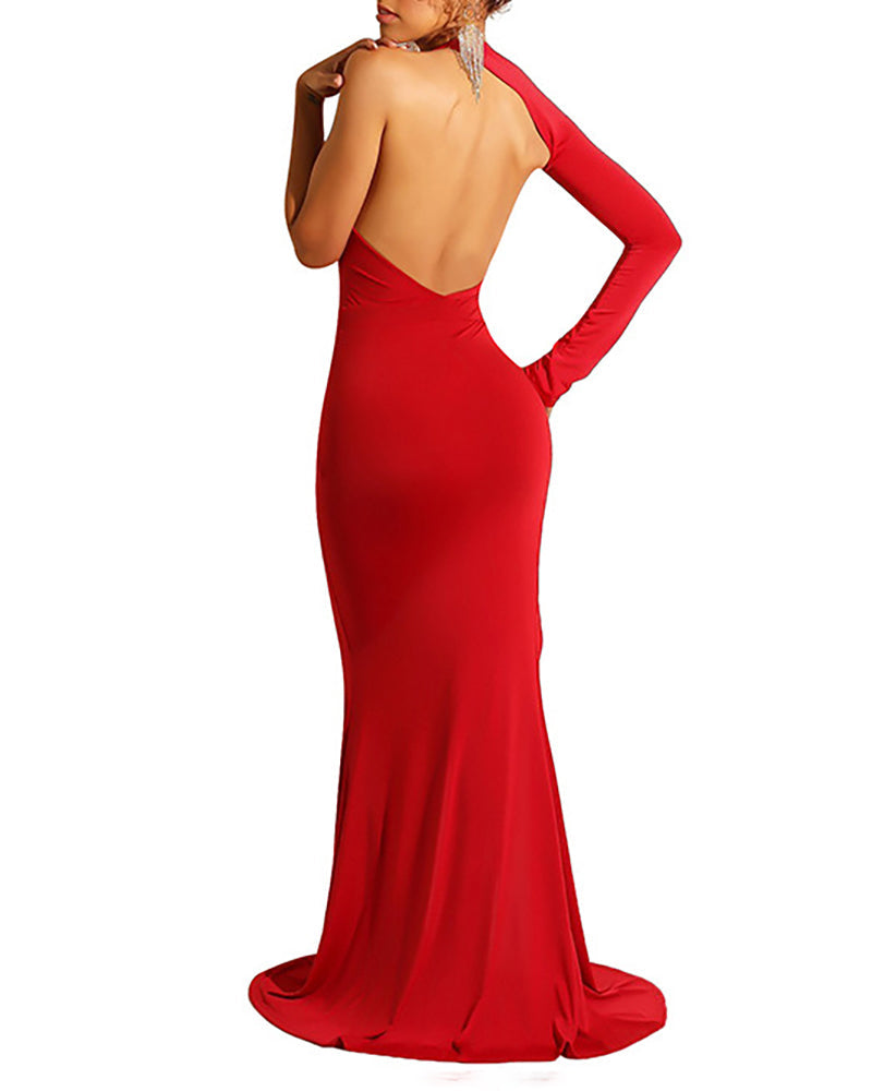 Asymmetrical One Shoulder High Slit Backless Mermaid Dress