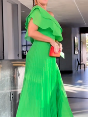 Loose Asymmetric Plain Pleated One-Shoulder Maxi Dresses