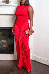 Red Casual Daily Elegant Patchwork Flounce Solid Color O Neck Asymmetrical Dresses