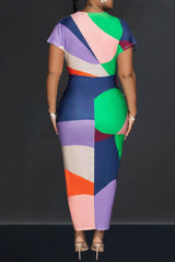 Orange Casual Print Patchwork Slit V Neck Short Sleeve Dress Dresses