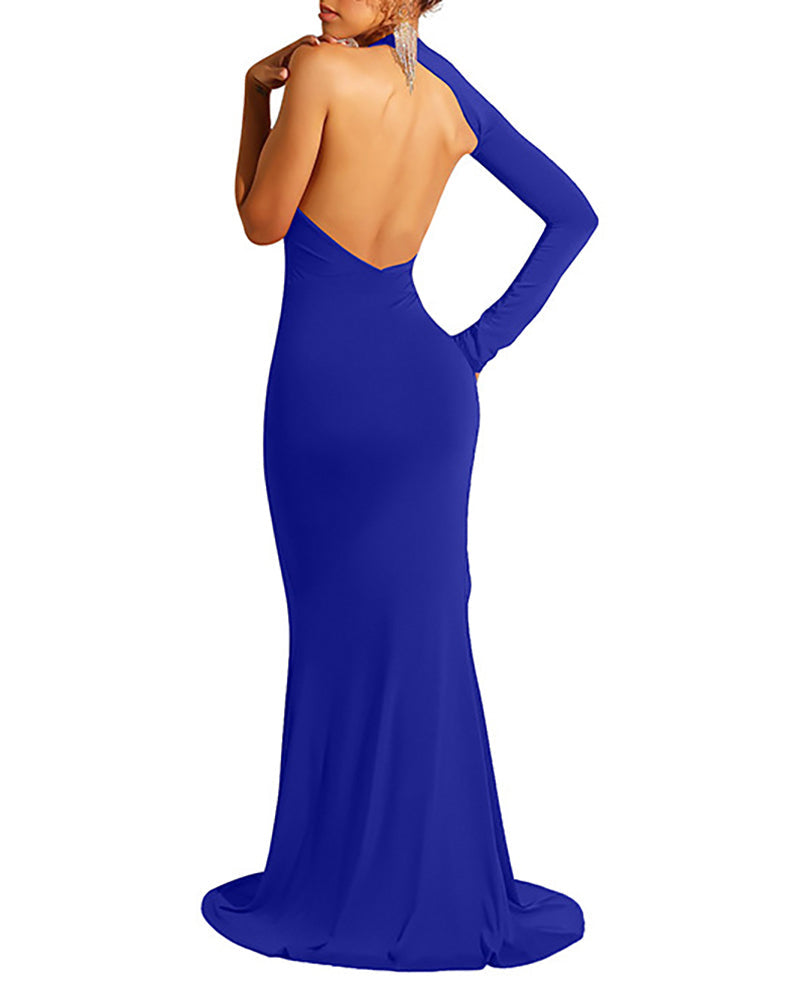 Asymmetrical One Shoulder High Slit Backless Mermaid Dress