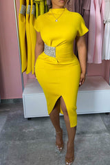 Yellow Casual Daily Elegant Simplicity Slit Asymmetrical Dresses